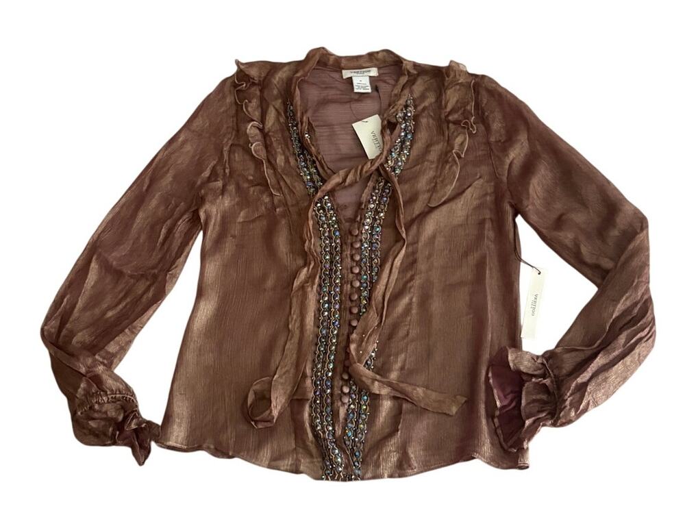 Vertigo Paris Y2K Silk Beaded Ruffle Bronze Blouse NWT - Read